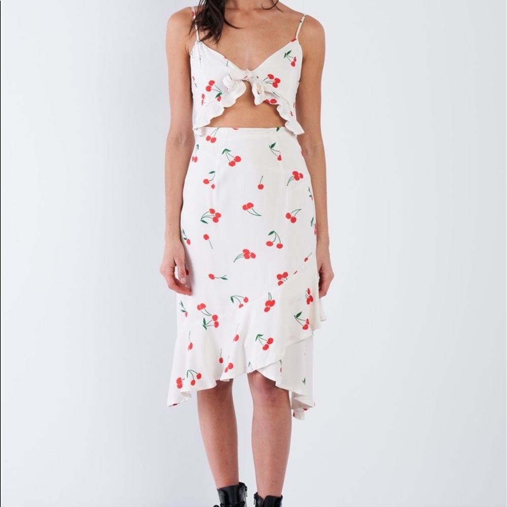 Front Cut Cherry Print Midi Dress